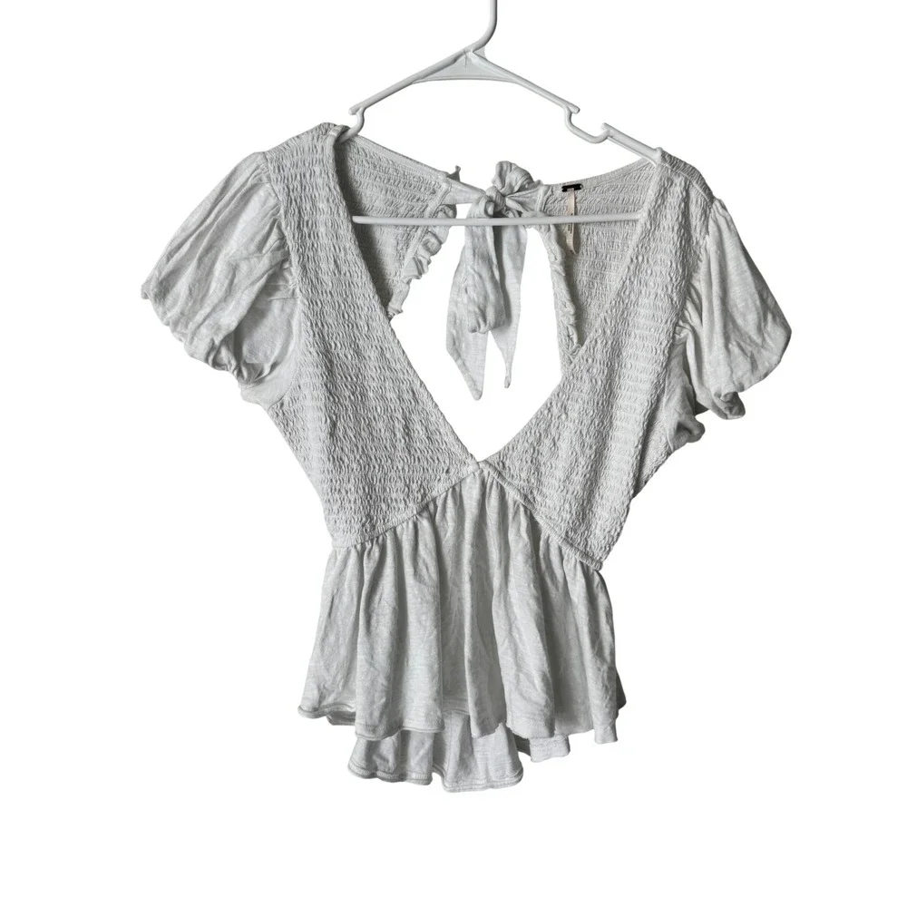 Free People White Smocked Open Back Peplum Top OB1635188 Mediu Short Puff Sleeve